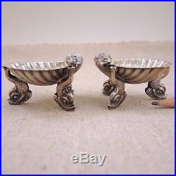 George Unite 1883 Sterling Silver Scallop Shell Salt Cellar Pair Dolphin Footed