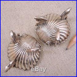 George Unite 1883 Sterling Silver Scallop Shell Salt Cellar Pair Dolphin Footed