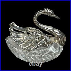 German Sterling Silver & Cut Crystal Master Salt Cellar Swan