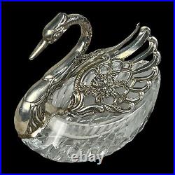 German Sterling Silver & Cut Crystal Master Salt Cellar Swan