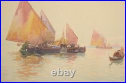 Gian Luciano Sormani (1897-1938) Venetian Harbor Watercolor Painting Antique