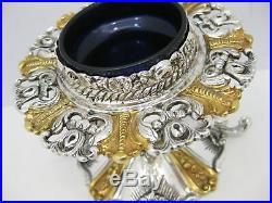 Gorgeous 925 Sterling Silver & Gilded & Blue Glass Glossy Round Salt Holder