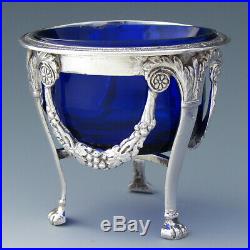 Gorgeous Antique Continental Silver & Cobalt Glass 3pc Open Salt Set, Garland