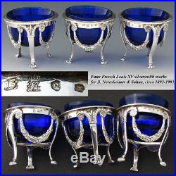Gorgeous Antique Continental Silver & Cobalt Glass 3pc Open Salt Set, Garland