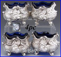 Gorgeous Antique French Sterling Silver 4pc Open Salt Set, Rococo, Cobalt Glass