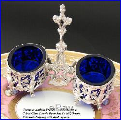 Gorgeous Antique French Sterling Silver & Cobalt Glass Double Open Salt
