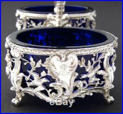 Gorgeous Antique French Sterling Silver & Cobalt Glass Double Open Salt