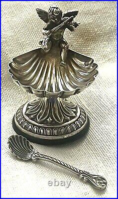 Gorgeous German Full Carved Silver Salt Cellars With Querub And Spoon. C 1900