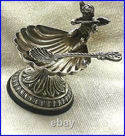 Gorgeous German Full Carved Silver Salt Cellars With Querub And Spoon. C 1900