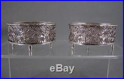Gorgeous Pair Chinese Export Silver Carved Bamboo Salt Cellars w Glass WANG HING
