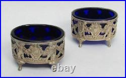 Great Antique German French Import Pair Of Cobalt Blue Glass Insert Salt Dishes
