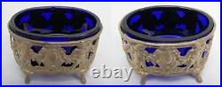 Great Antique German French Import Pair Of Cobalt Blue Glass Insert Salt Dishes