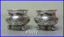 Great Pair Chinese Export Sterling Silver Salt Cellars, Dragons Chasing Pearl