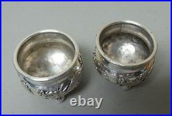 Great Pair Chinese Export Sterling Silver Salt Cellars, Dragons Chasing Pearl