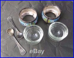 Great Pair of Vintage Russian Salt/Caviar Cellars with Spoons Silver & Enamel
