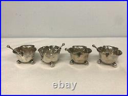 HORACE WOODWARD STERLING SILVER OPEN SALT CELLARS w SPOONS ANTIQUE SET OF 4