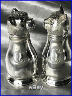 Hallmarked English Silver Plate Animal Pug Dog & Cat Salt Pepper Shaker Cellars