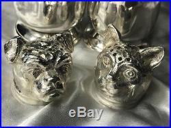Hallmarked English Silver Plate Animal Pug Dog & Cat Salt Pepper Shaker Cellars