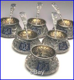Hand Chased Salt Cellars withSpoons, Repousse Style, Sterling Silver, Whiting Co