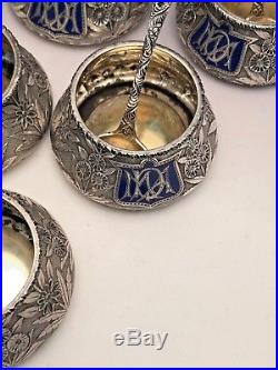 Hand Chased Salt Cellars withSpoons, Repousse Style, Sterling Silver, Whiting Co