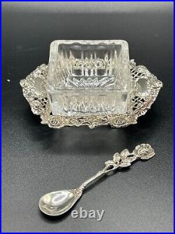 Hildesheimer Rose Silver Crystal Salt Cellar with Spoon 835 Silver