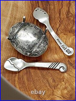 KENNETH BEGAY White Hogan NAVAJO Sterling Silver Vintage Salt Spoons with Cellar