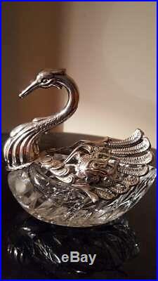 LARGE German Sterling Silver & Cut Glass Swan Salt Cellar Mint Condition