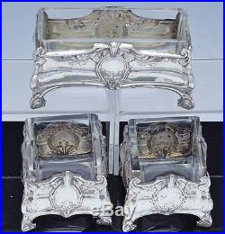 Lovely Antique German Solid Silver & Glass Condiment Salt Cellar Garniture Set
