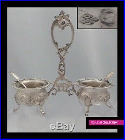 LUXURIOUS ANTIQUE 1890s FRENCH STERLING SILVER SALT CELLARS & SPOONS Rococo St