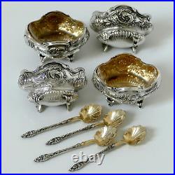 Labat French Sterling Silver 18k Gold Set 4 Salt Cellars, Spoons, Original box