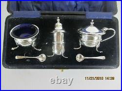 Lanson Ltd English Sterling Silver Paw Footed Condiment Set Cobalt Glass Inserts