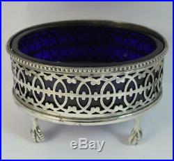 Large Hallmarked Silver Table Salt Cellar with Blue Glass