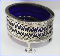Large Hallmarked Silver Table Salt Cellar with Blue Glass