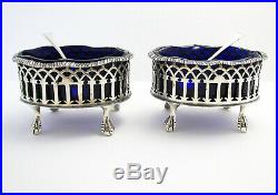 Large Heavy Pair Sterling Silver Pierced English Salt Cellars Glass Liner Spoons