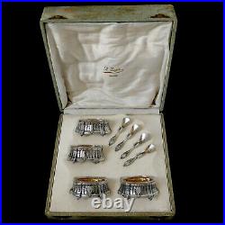 Lefebre French Sterling Silver 18k Gold 4 Salt Cellars, Spoons, Original Box