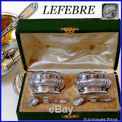 Lefebre French sterling silver 18-karat gold salt cellars pair, spoons, box