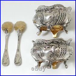 Leneuf French Sterling Silver 18k Gold Salt Cellars Pair, Spoons, Original Box