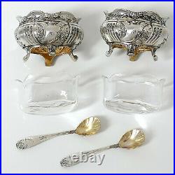 Leneuf French Sterling Silver 18k Gold Salt Cellars Pair, Spoons, Original Box