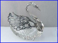 Lg Antique German Sterling Silver Swan Master Salt Dish Cut Glass Movable Wings