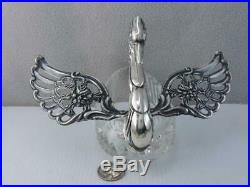 Lg Antique German Sterling Silver Swan Master Salt Dish Cut Glass Movable Wings