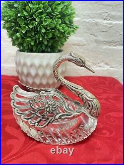 Lg Germany Silver 835 AB Silver & Crystal Master Salt Cellar Swan