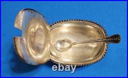 Lg vintage 800 silver covered salt cellar & spoon, liner, lions face & paw feet