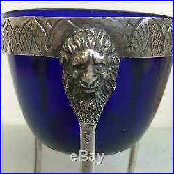 Lion Figural Silver Salt Cellars With Fitting Glass