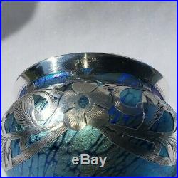 Loetz Cobalt Papillon With Silver Overlay Salt Cellar or Small Vase