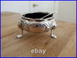 London 1759 Sterling Silver Salt Cellar with Cobalt Liner and 1912 Sheffield Spoon
