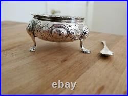 London 1759 Sterling Silver Salt Cellar with Cobalt Liner and 1912 Sheffield Spoon