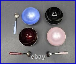 MEKA Sterling Silver Set 4 Vtg Enameled Salt Cellars Spoons Guilloche Denmark