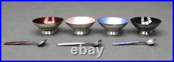 MEKA Sterling Silver Set 4 Vtg Enameled Salt Cellars Spoons Guilloche Denmark