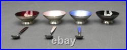 MEKA Sterling Silver Set 4 Vtg Enameled Salt Cellars Spoons Guilloche Denmark