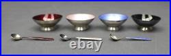 MEKA Sterling Silver Set 4 Vtg Enameled Salt Cellars Spoons Guilloche Denmark